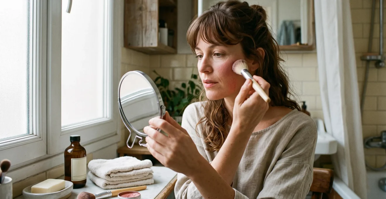 Une femme applique un blush au pinceau sur sa pommette devant un miroir dans une salle de bain lumineuse.