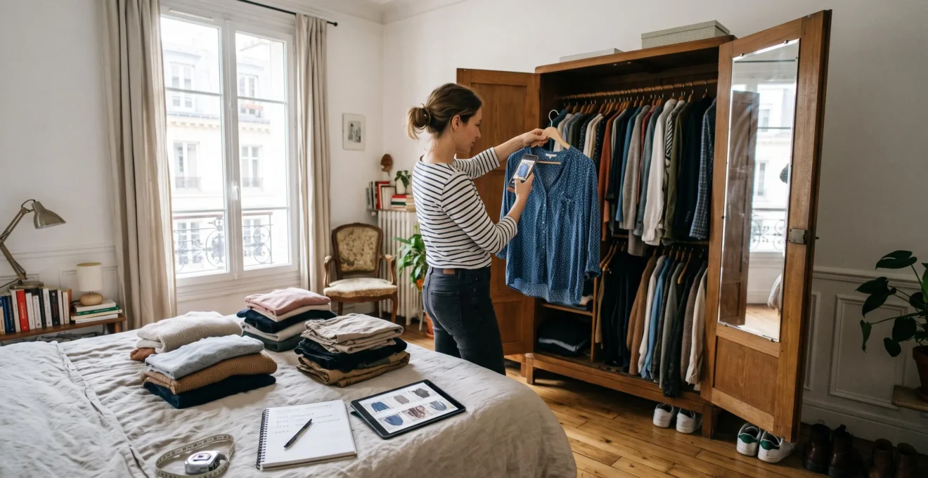 Une femme photographie un vêtement sur cintre devant une armoire ouverte lors d'un inventaire de dressing, avec des piles de vêtements et un carnet posés sur le lit.