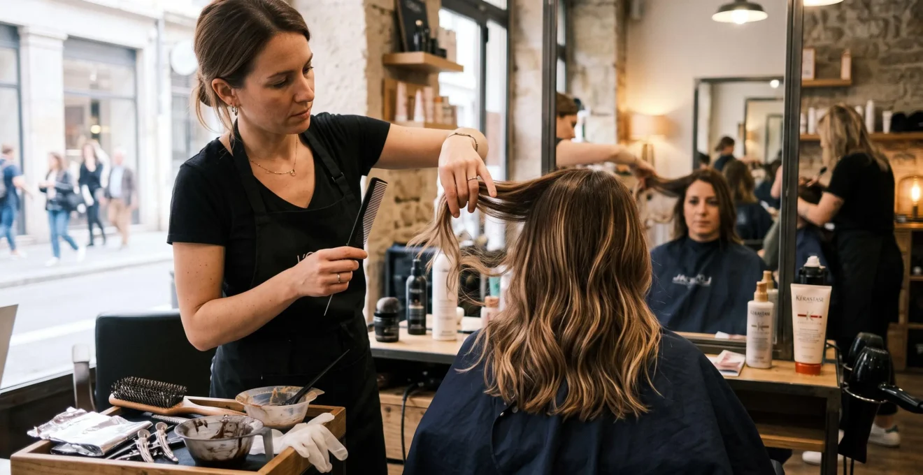 Une coloriste soulève des mèches de cheveux balayés au peigne pour vérifier le rendu lumineux chez une cliente en salon.