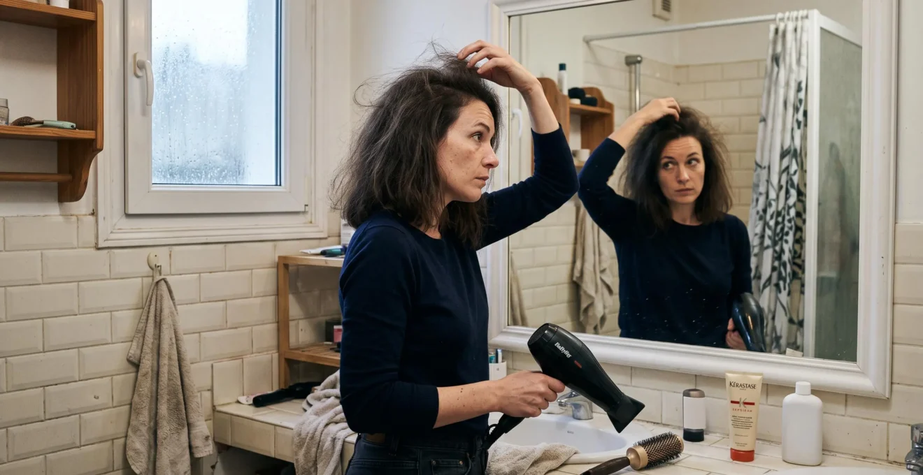 Une femme observe dans le miroir de sa salle de bain ses cheveux gonflés et frisés par l'humidité, une main sur le sommet du crâne.