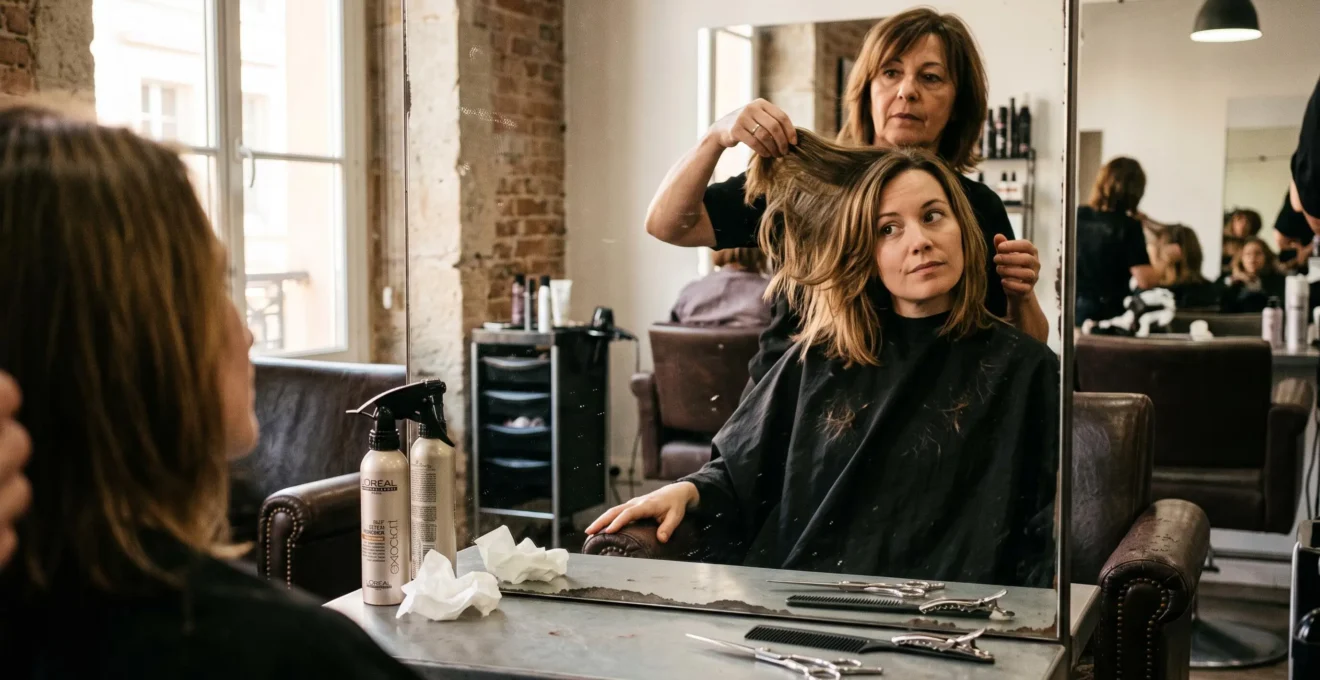 Une cliente assise devant le miroir d'un salon de coiffure observe le rendu naturel de sa coupe pendant que la coiffeuse soulève une mèche pour lui montrer la chute de ses cheveux.