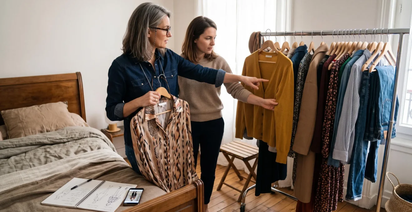 Une coach mode examine une blouse sur cintre avec sa cliente devant un portant rempli de vêtements dans une chambre lumineuse.