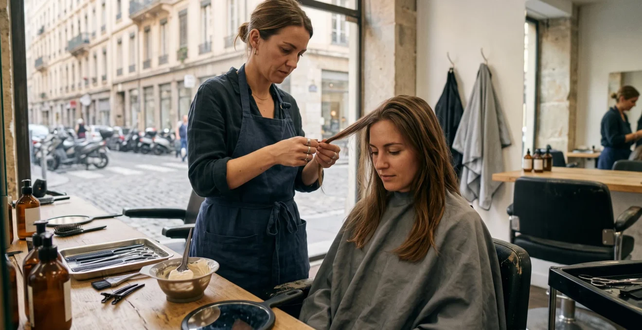 Une coiffeuse examine une mèche de cheveux de sa cliente dans un salon professionnel éclairé par la lumière naturelle, avant une prestation technique.