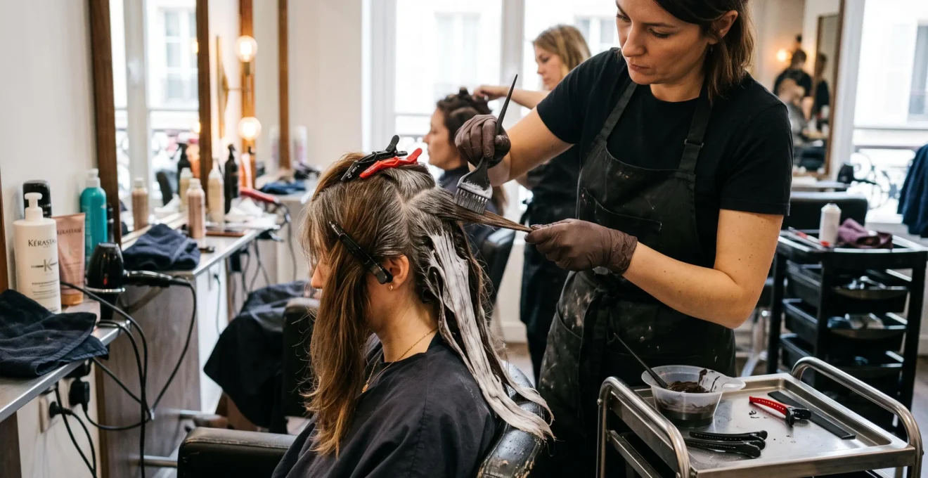 Une coloriste applique une coloration aux racines d'une cliente dans un salon, les longueurs protégées par des pinces et une crème barrière.