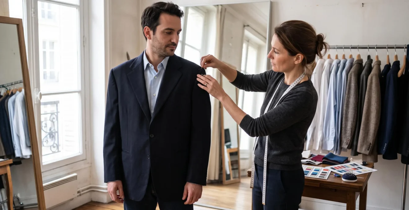 Une conseillère en image ajuste l'épaule d'un blazer porté par son client devant un miroir dans son studio de conseil en image.