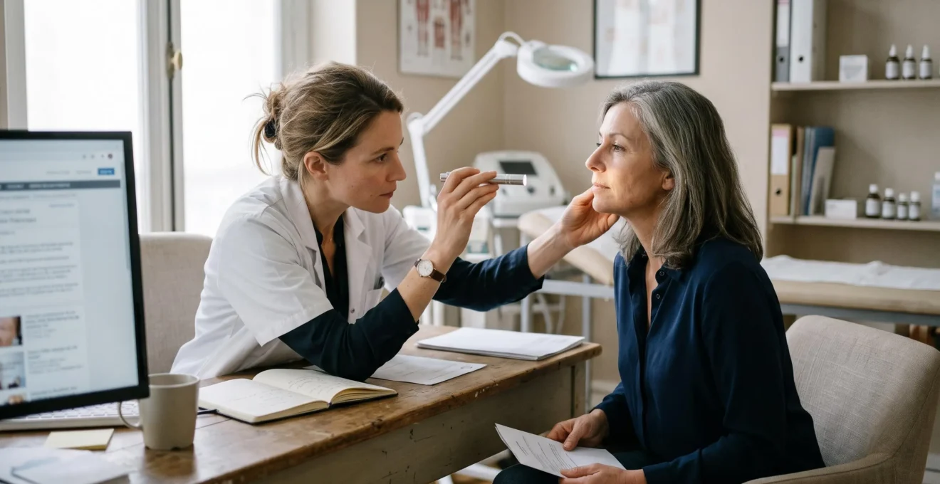 Une médecin en blouse blanche examine la peau du visage d'une patiente assise en face d'elle dans un cabinet de médecine esthétique.