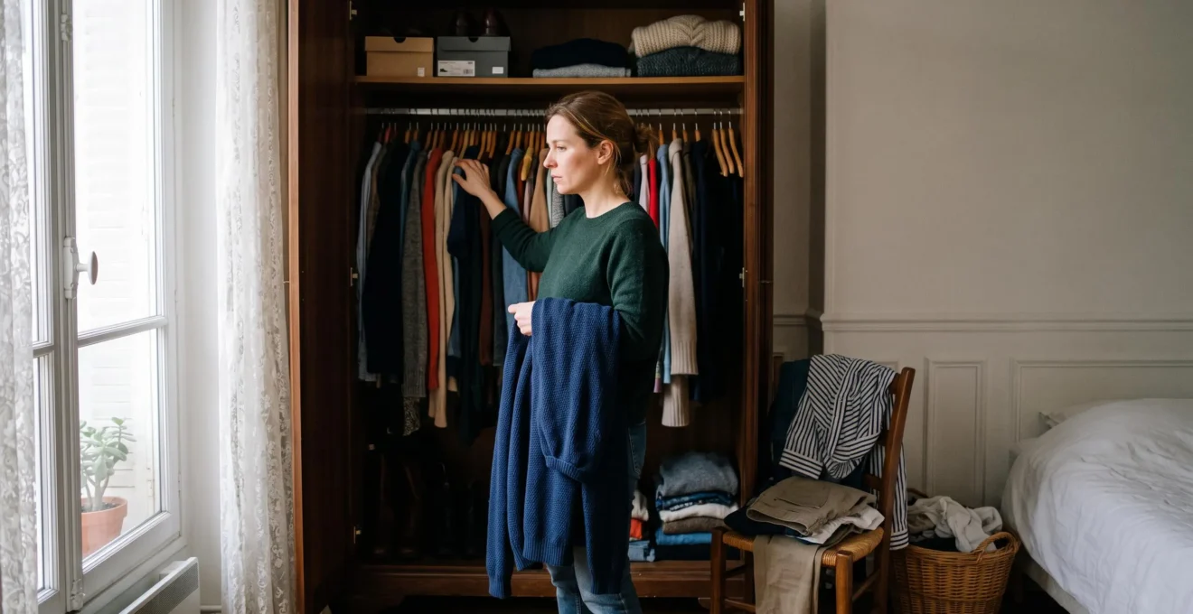 Une femme debout devant une armoire ouverte remplie de vêtements, examinant les cintres avec un vêtement posé sur le bras dans une chambre lumineuse.