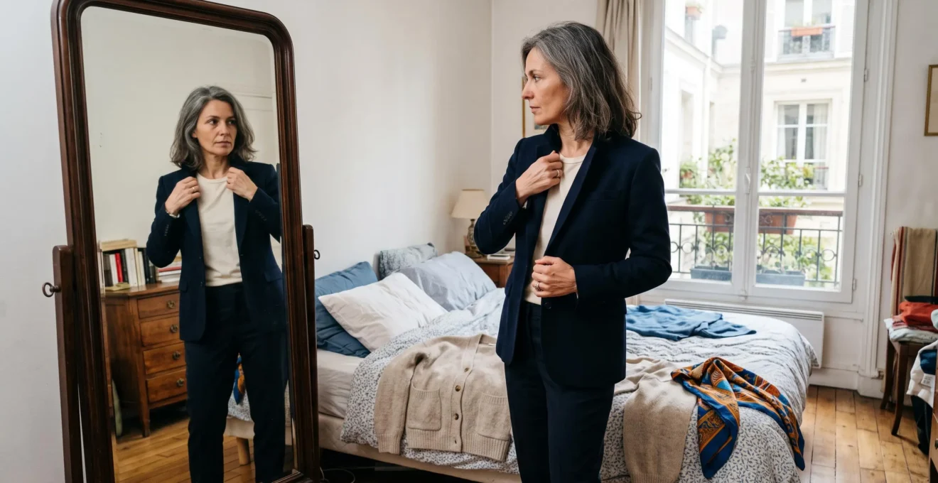 Une femme ajuste une nouvelle veste devant un miroir chez elle, avec d'autres pièces posées sur le lit à côté d'elle.
