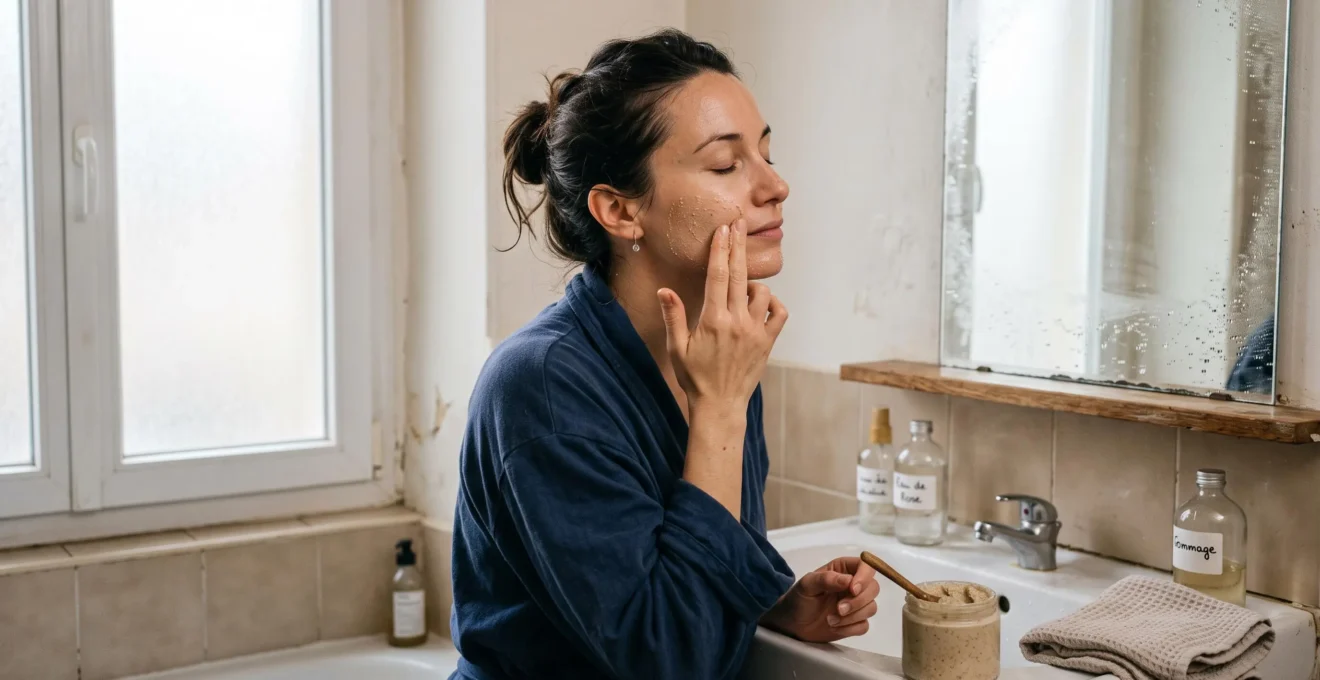 Une femme applique doucement un gommage à grains du bout des doigts sur sa joue, dans une salle de bain lumineuse, peau humide et geste lent.