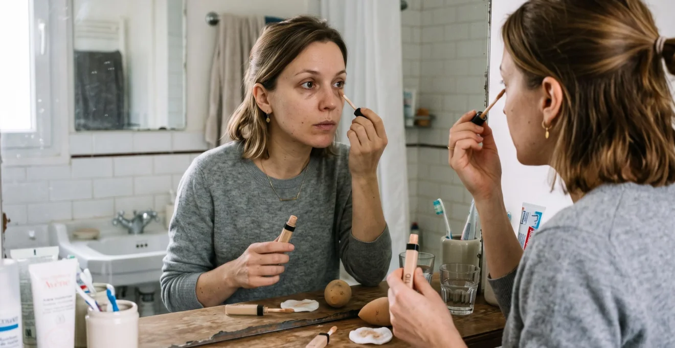Une femme applique un correcteur anti-cernes sous son œil devant le miroir de sa salle de bain, dans la lumière naturelle du matin.