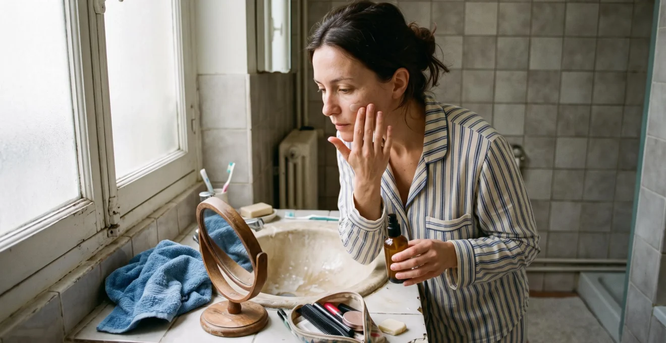 Une femme applique une protection solaire fluide sur sa joue avec deux doigts devant le miroir de sa salle de bain, une trousse de maquillage posée près du lavabo.