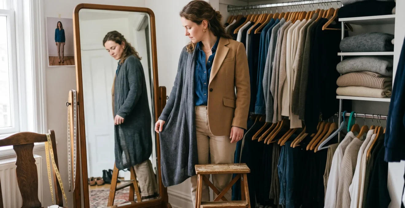 Une femme compare deux silhouettes de vêtements différents devant un miroir pleine hauteur dans son dressing, avec un mètre ruban et une photo en pied posés à côté