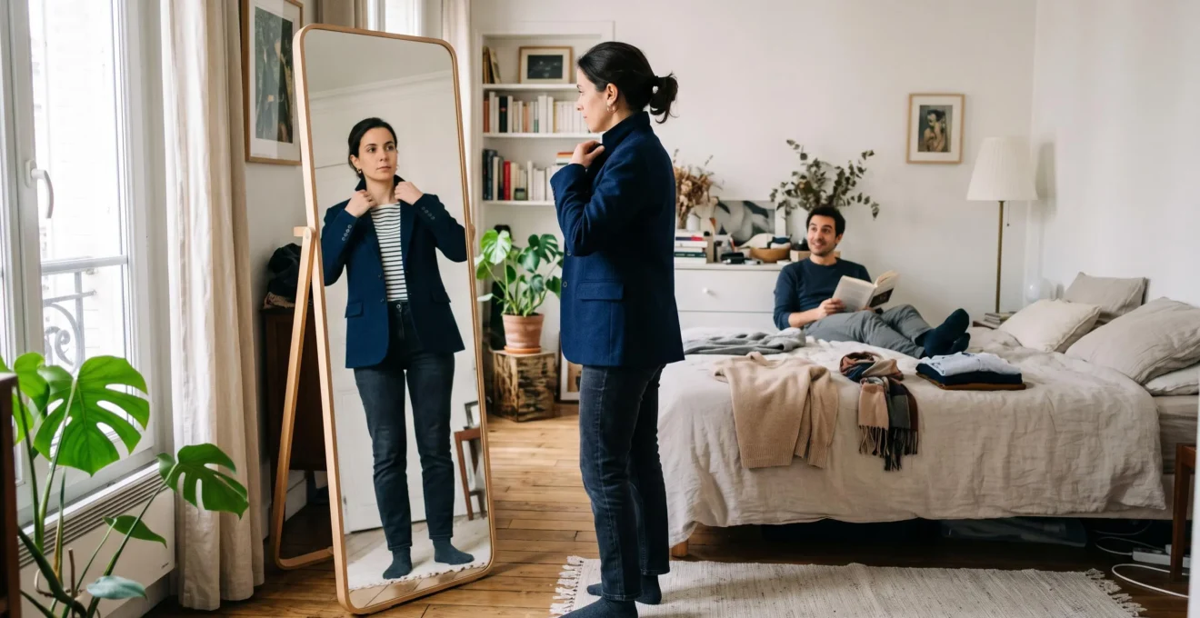 Une femme essaye une nouvelle veste devant un miroir chez elle pendant qu'un proche la regarde depuis le lit.