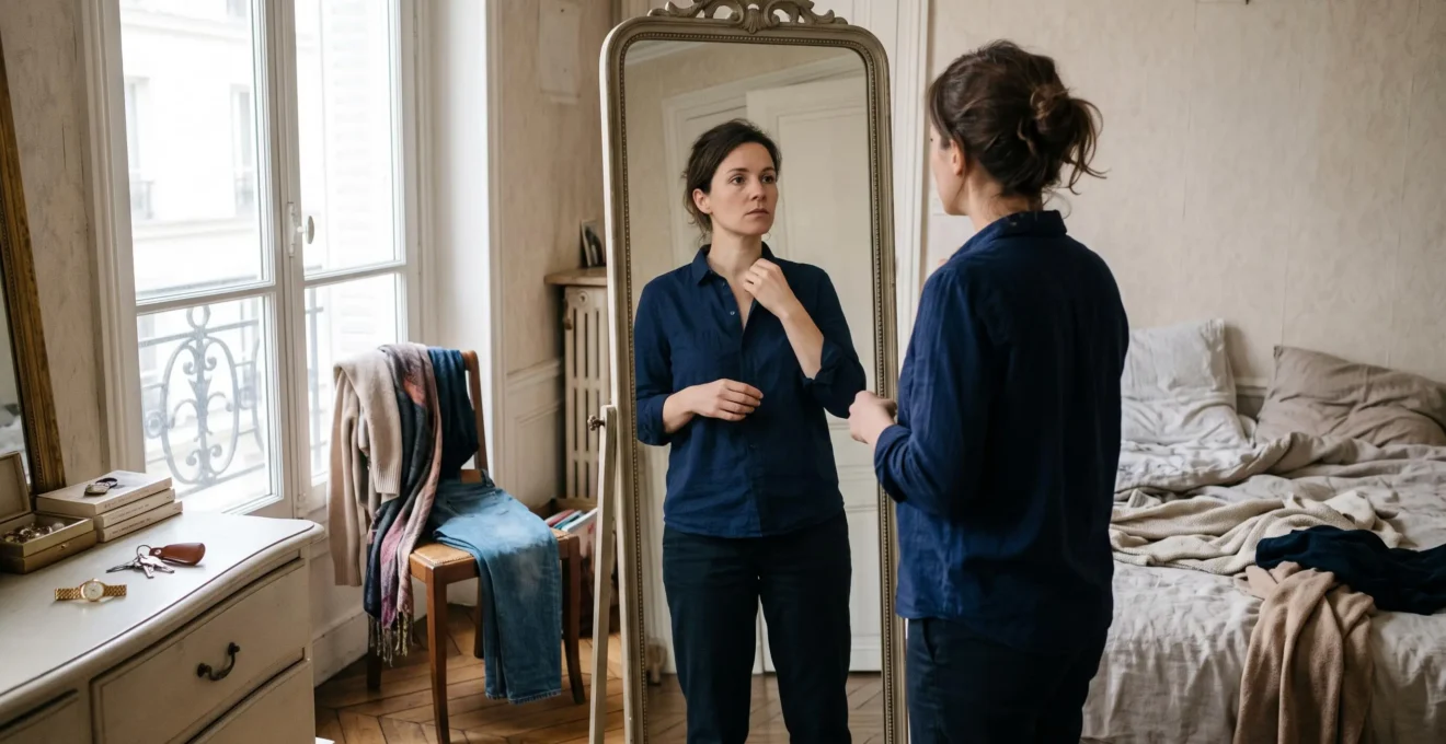 Une femme ajuste le col de sa blouse devant un miroir en pleine longueur dans sa chambre, le matin, avec une expression hésitante.