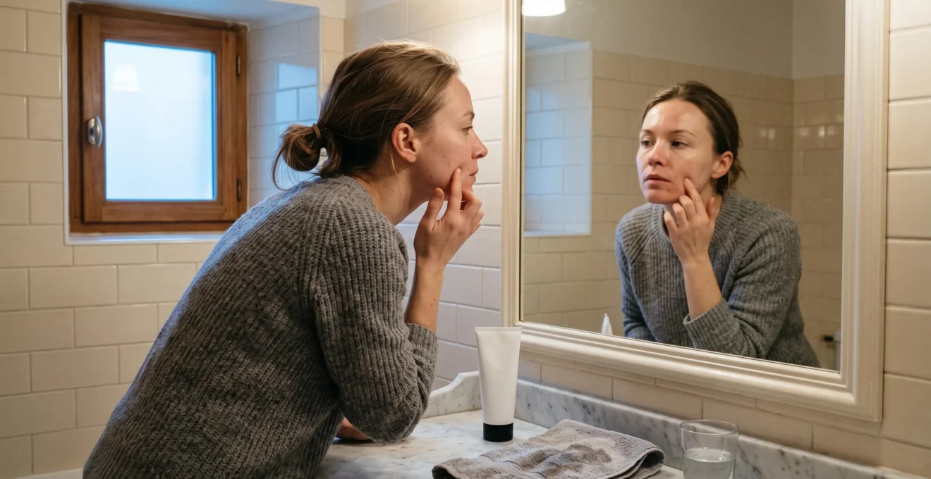 Une femme examine sa peau dans le miroir d'une salle de bain, appuyant ses doigts sur sa joue alors que sa zone T brille légèrement.
