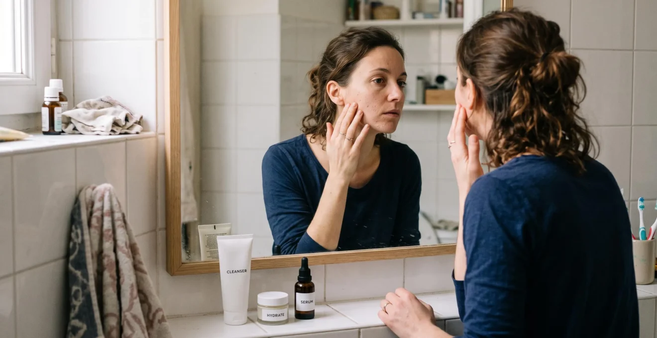Une femme examine la peau de son visage devant le miroir de sa salle de bain, ses produits de soin disposés sur le lavabo.