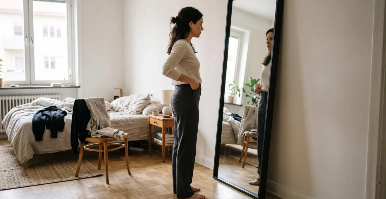 Une femme debout devant un miroir en pied vérifie les proportions de sa tenue composée de quelques pièces simples, la main posée à la taille.