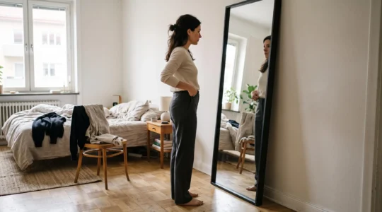 Une femme debout devant un miroir en pied vérifie les proportions de sa tenue composée de quelques pièces simples, la main posée à la taille.