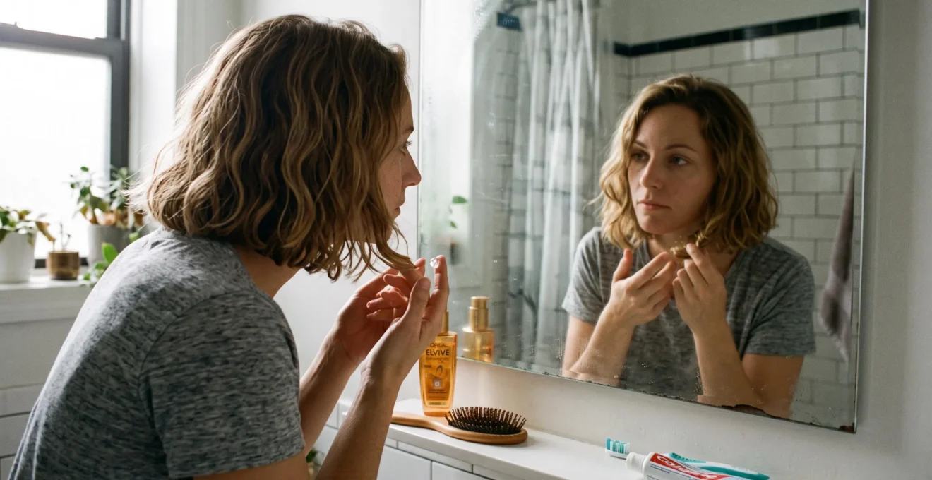 Une femme aux cheveux mi-longs aide les pointes de ses cheveux devant un miroir de salle de bain le matin, avec un flacon de sérum posé sur le plan.