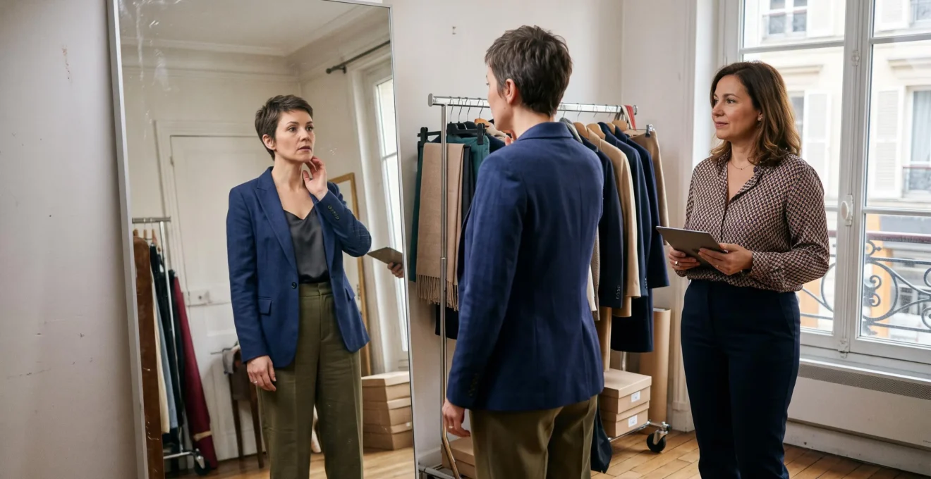 Une femme découvre sa nouvelle apparence dans un miroir après un relooking radical, accompagnée d'une conseillère en image dans un studio.