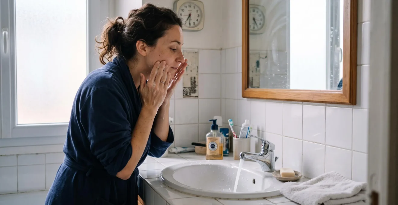 Une femme réalise une courte routine de nettoyage du visage devant son lavabo de salle de bain au réveil.