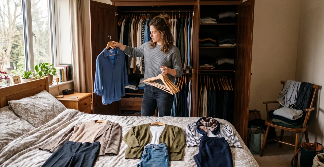 Une femme trie ses vêtements devant une armoire ouverte et regroupe des tenues compatibles sur son lit.
