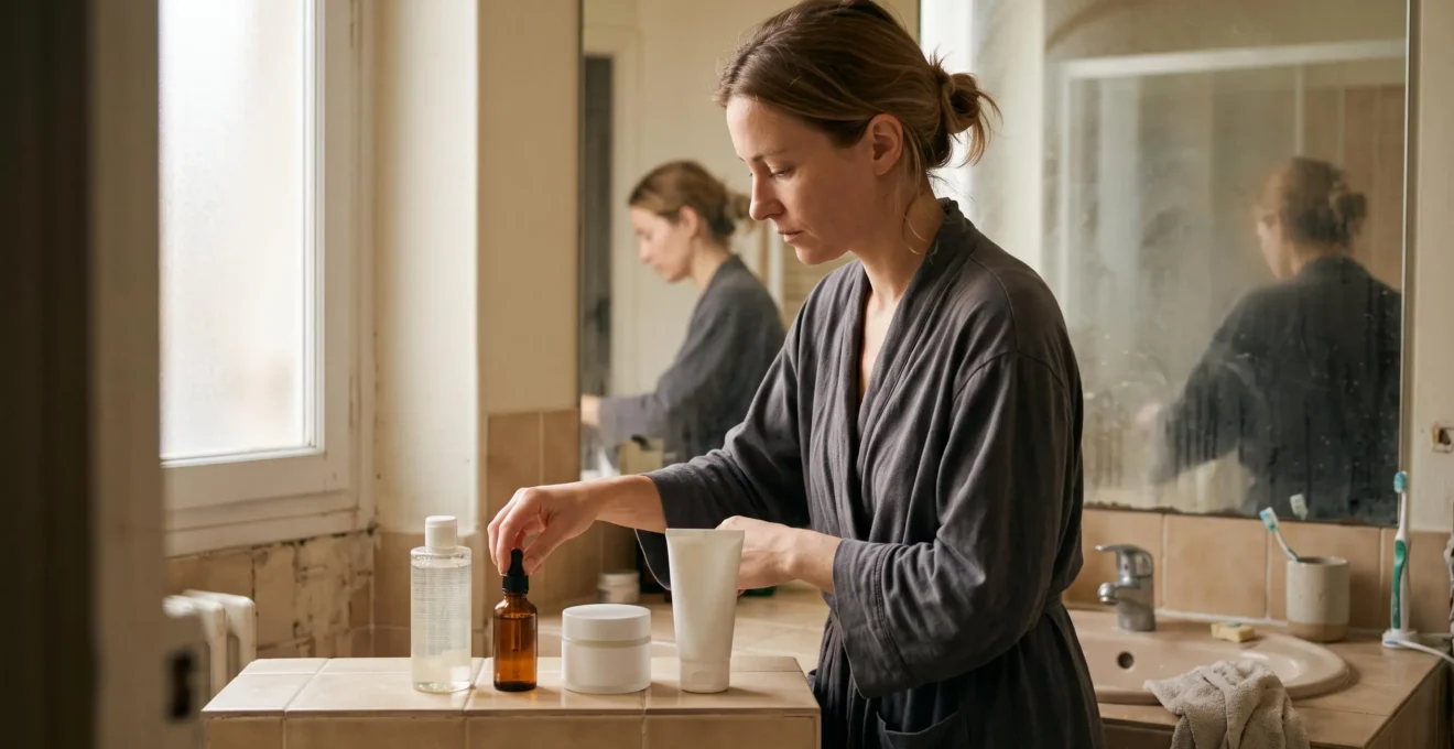 Une femme organise quatre produits de soin dans un ordre logique sur le rebord du lavabo d'une salle de bain lumineuse.