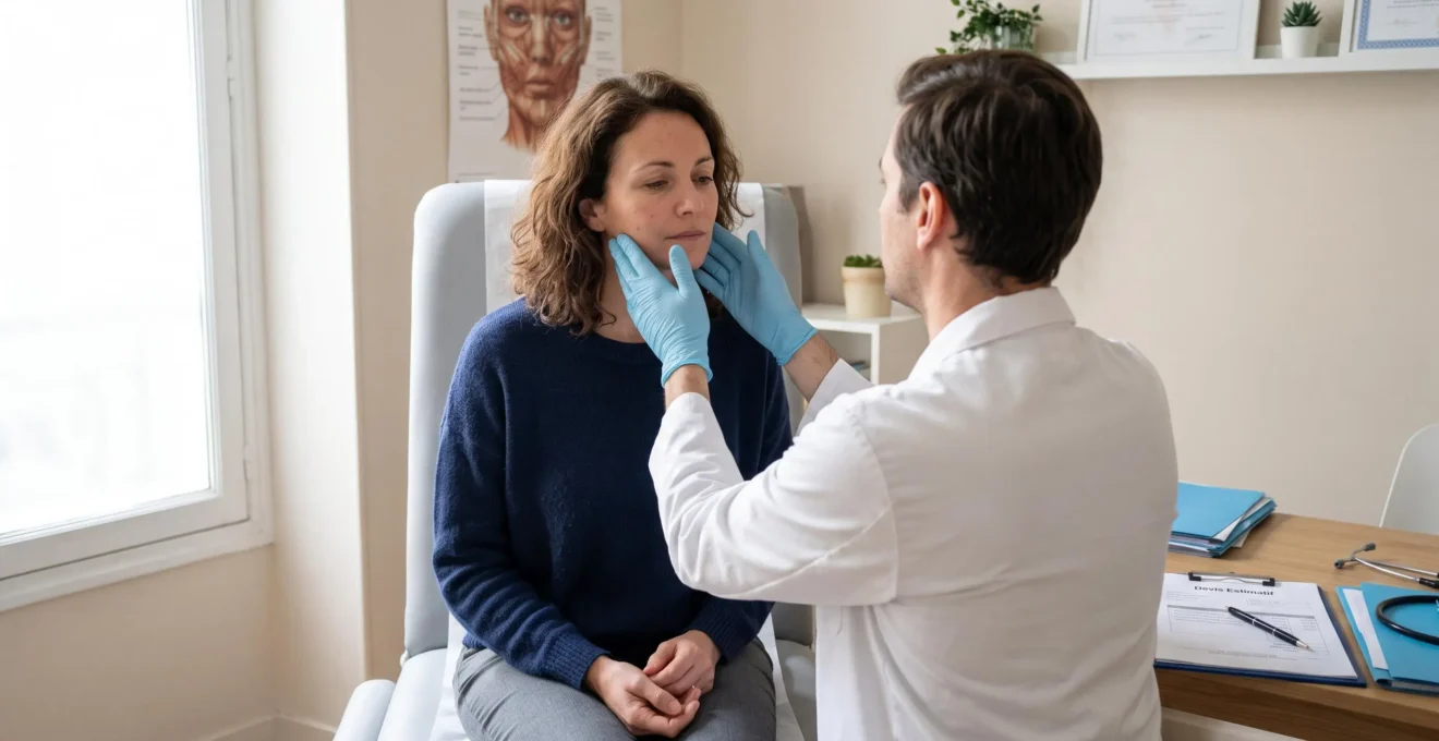 Une médecin examine le visage d'une patiente assise en cabinet médical lors d'une première consultation de chirurgie esthétique.