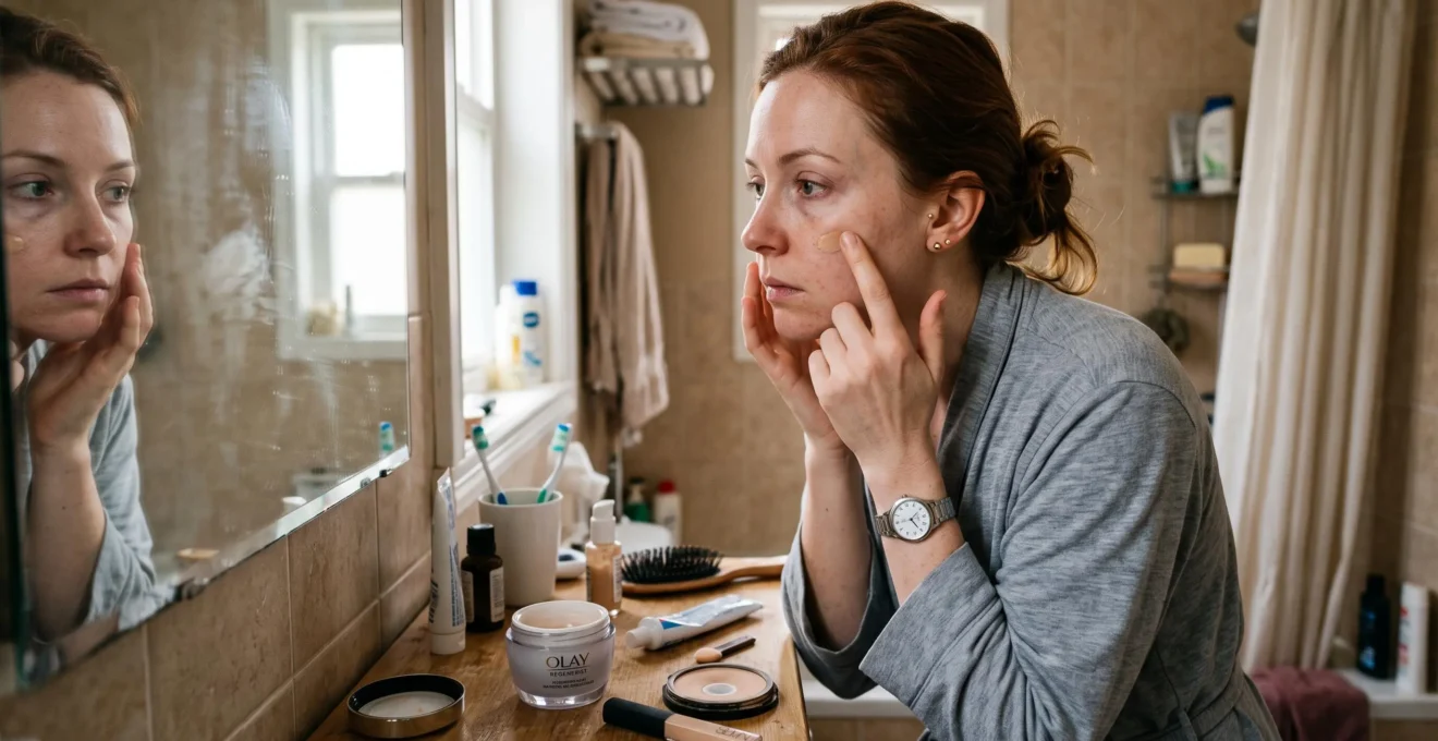 Une femme applique une touche de soin teinté du bout du doigt devant son miroir de salle de bain, dans une routine du matin rapide avec peu de produits posés sur le lavabo.