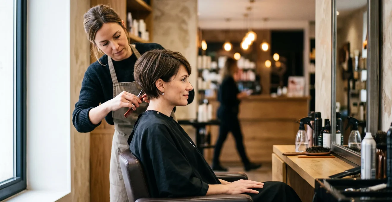 Une coiffeuse termine une coupe courte dégradée féminine sur une cliente assise devant un miroir dans un salon de coiffure lumineux.