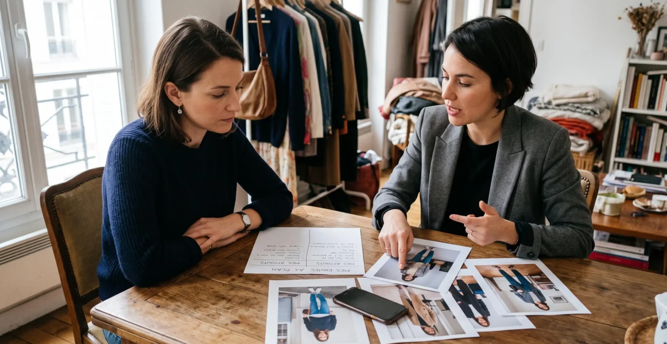 Une cliente et une conseillère en image examinent ensemble des photos de tenues et un plan écrit posés sur une table, lors d'une première séance de relooking à domicile.