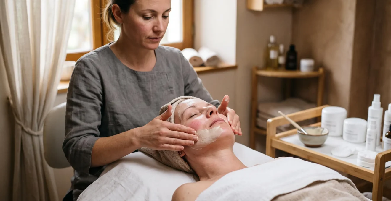 Une esthéticienne applique une crème apaisante sur le visage d'une cliente allongée dans une cabine de soin, aux tons neutres et lumineux.
