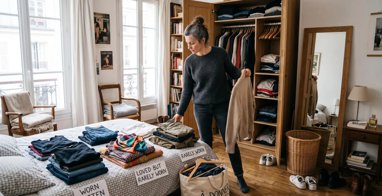 Une femme trie ses vêtements devant un placard ouvert et répartit les pièces en piles sur le lit de sa chambre.