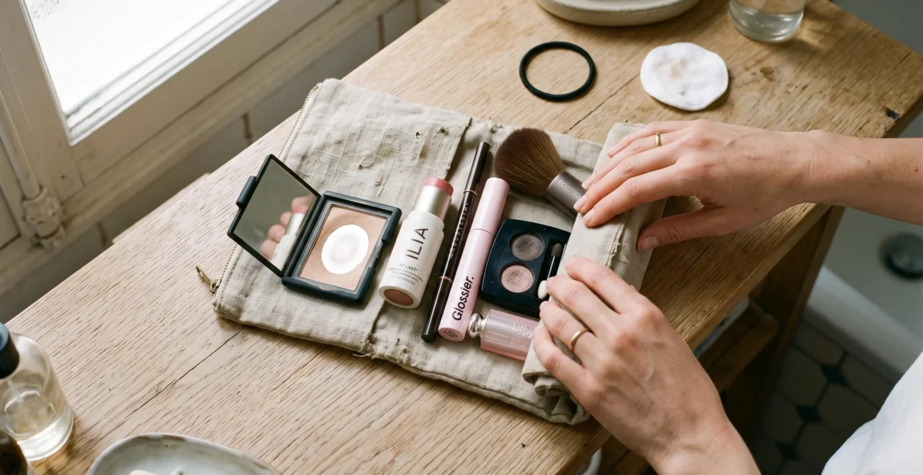 Une femme ferme une pochette plate contenant six produits de maquillage posés sur une table en bois.
